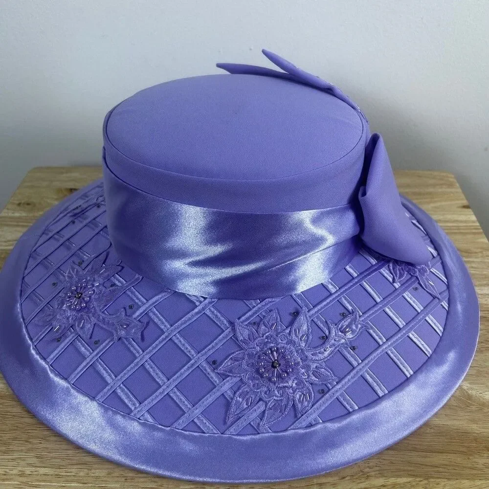 Studio 3 Women Purple Church Hat Wide Brim Beaded Floral Bow Derby Dress Hat